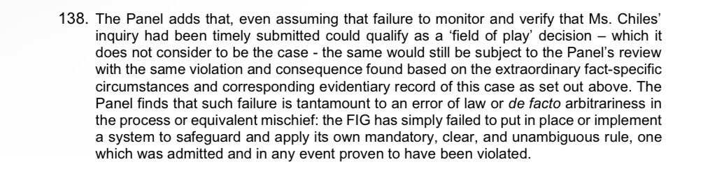 JennaLaineESPN's tweet photo. So this is really nuts. Three things stand out. 

1) The FIG admitted during the CAS hearing that they had no mechanism in place for monitoring the length of time on appeals at the Olympics. 

2) They also could not identify who the person was responsible for logging the appeal for Jordan Chiles. It says, “The failure was the responsibility of the FIG, not of Ms. Sacchi or Ms. Canqueteau-Landi.” 

3) Look at the time other inquiries were filed in that same floor final: 1:22 for Rebeca Andrade and 1:35 for Sabrina Maneca-Voinea. 

https://t.co/yNW9KCFsPC