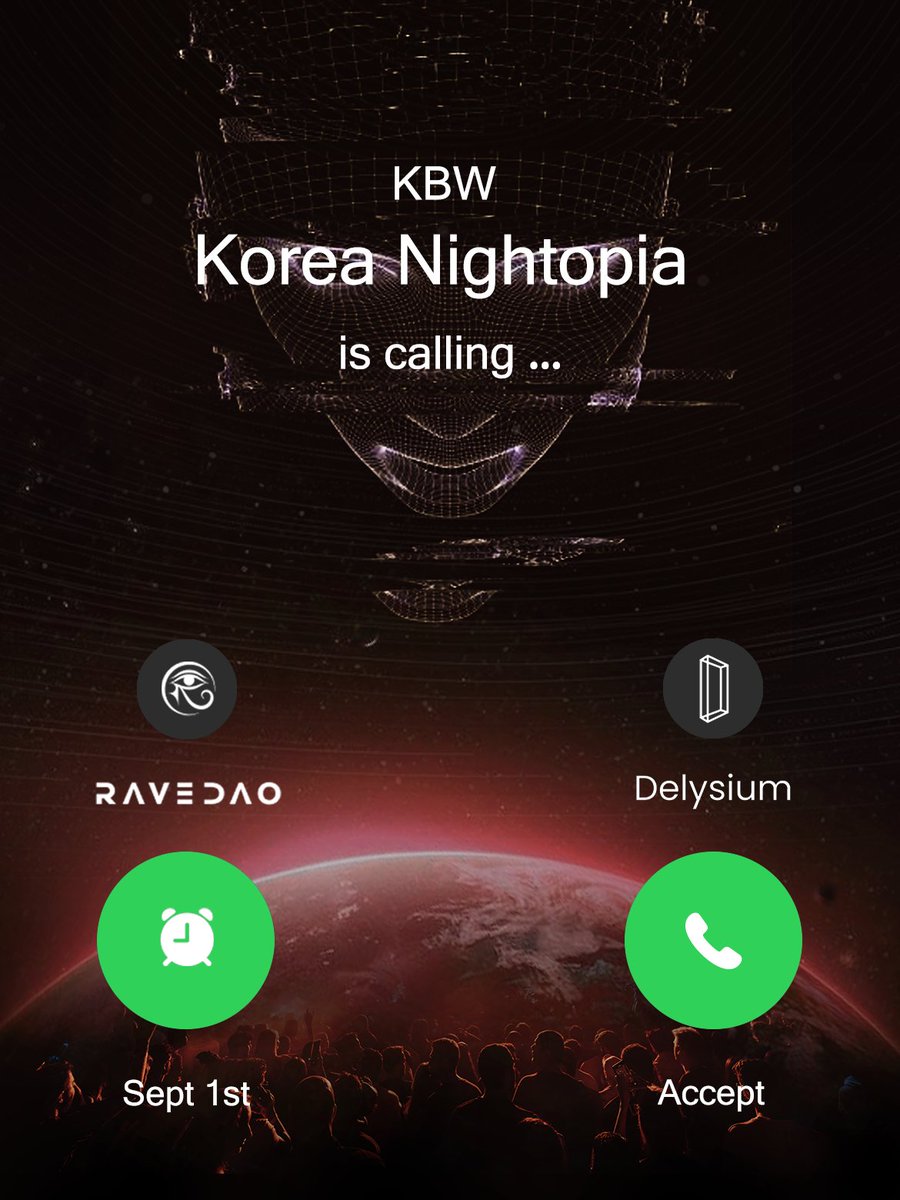 RaveDAO's tweet photo. Ring, ring! 📞🎶 Korea Nightopia is calling! 🇰🇷

We’re teaming up with @The_Delysium for @kbwofficial’s opening party: Korea Nightopia! 🌟🎉

Get ready to party on multiple floors of Seoul Dragon City with the coolest blend of crypto and beats. 🌃🎵 Featuring top DJs from @tomorrowland and Storm Festival across 4 countries! 🌐🎧

https://t.co/hgB9x0Pu2B

Mark your calendars 🗓️ and snag those NFT tickets! 🎟️ Surprises await, so don't miss out on this unforgettable night! 🚀

#RaveDAO #Nightopia #KBW2024 #Delysium #SeoulDragonCity