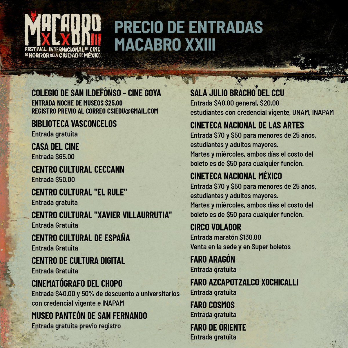 MacabroFICH's tweet photo. ⚠ Atención Banda Macabra ⚠

Compartimos los costos de entrada a las sedes de #MacabroXXIII. https://t.co/mx4DRav09S