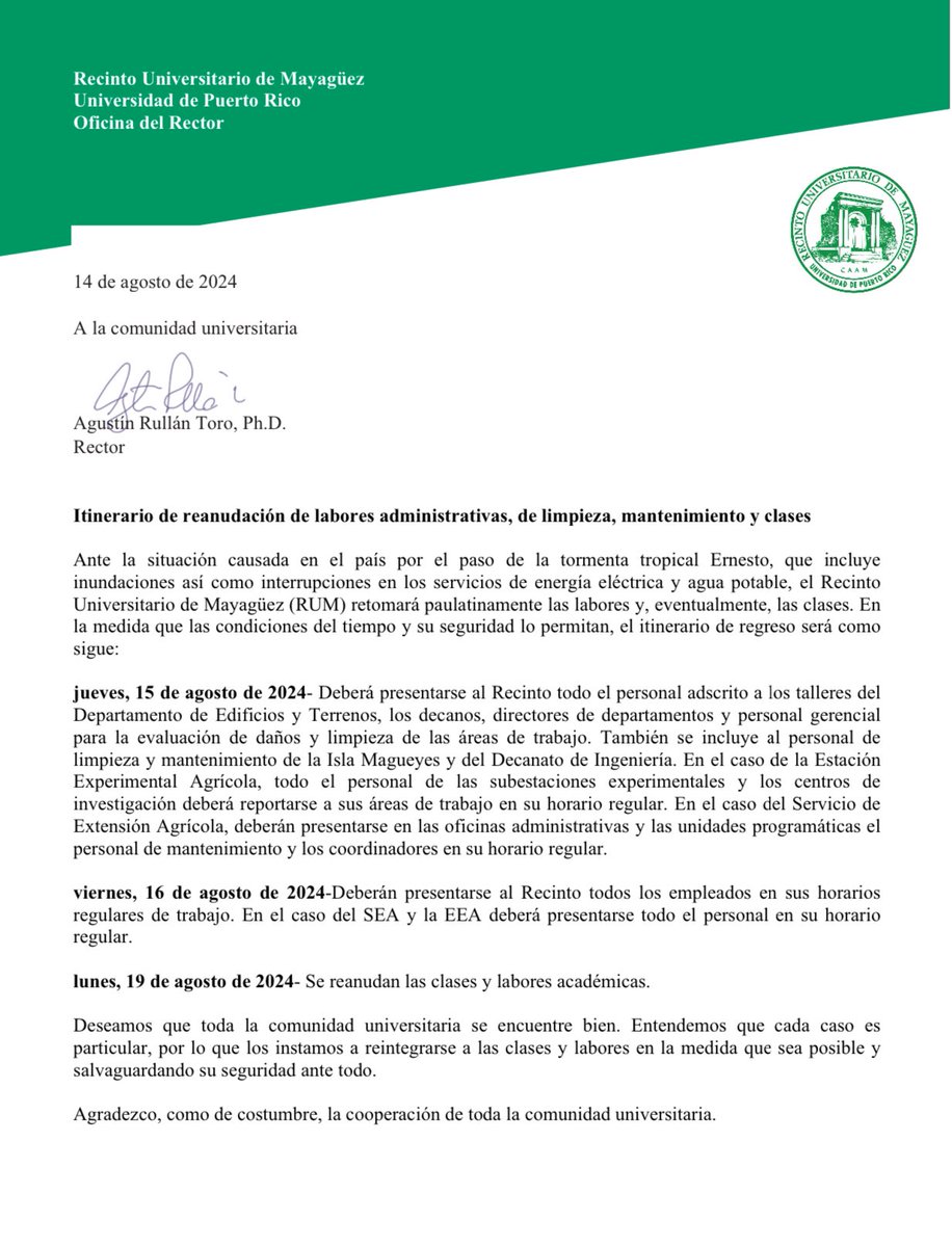 Itinerario de reanudación de labores administrativas, de limpieza, mantenimiento y clases