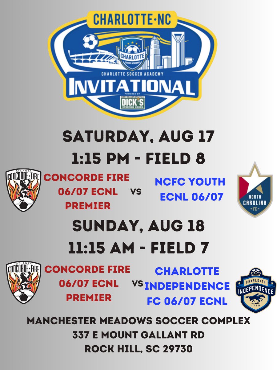 Concorde Fire 06/07 Premier ECNL (@cf06premierecnl) on Twitter photo Headed to Charlotte this weekend for a our Preseason Tournament! Come out and watch us play!
<a href="/ConcordeSoccer/">Concorde Fire Soccer</a> <a href="/ECNLSoutheast/">ECNL Southeast Girls</a> <a href="/ECNLgirls/">ECNL Girls</a> <a href="/ImYouthSoccer/">ECNL/GA/Recruiting/College Soccer</a> <a href="/ImCollegeSoccer/">College Soccer Truth ™</a> Headed to Charlotte this weekend for a our Preseason Tournament! Come out and watch us play!
<a href="/ConcordeSoccer/">Concorde Fire Soccer</a> <a href="/ECNLSoutheast/">ECNL Southeast Girls</a> <a href="/ECNLgirls/">ECNL Girls</a> <a href="/ImYouthSoccer/">ECNL/GA/Recruiting/College Soccer</a> <a href="/ImCollegeSoccer/">College Soccer Truth ™</a>