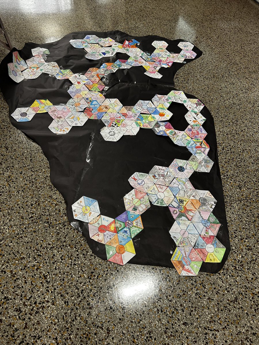 Walking out today, my art teacher was working to hang this up.While it looks like some sort of molecular structure, it is a map of connections. Each hexagon represents parts of individual students. Then they matched them to their peers and found what they had in common.🤯💙🤍
