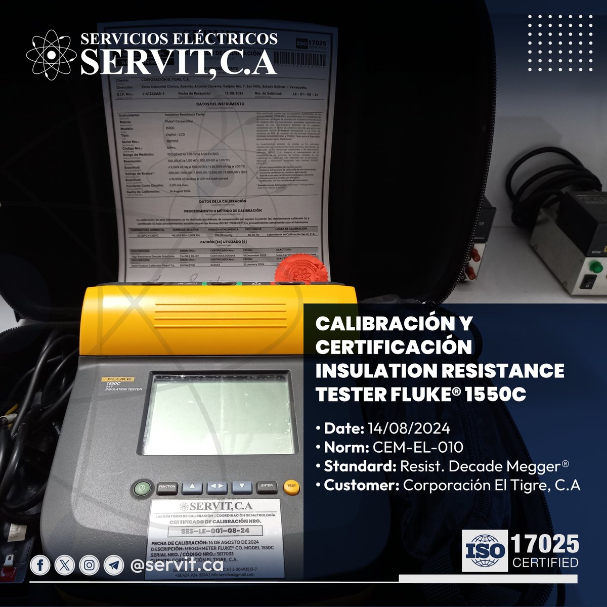 servit_ca's tweet image. ⚡Servicio de revisión, chequeo, comprobación, calibración y emisión de certificado de calibración a Medidor de Resistencia de Aislamiento Marca Fluke Corporation, Modelo Nro. 1550C, 5.00 kV/1.00Tohm de nuestros clientes Corporación El Tigre, C.A... instagram.com/p/C-qtH5uuBHn/…