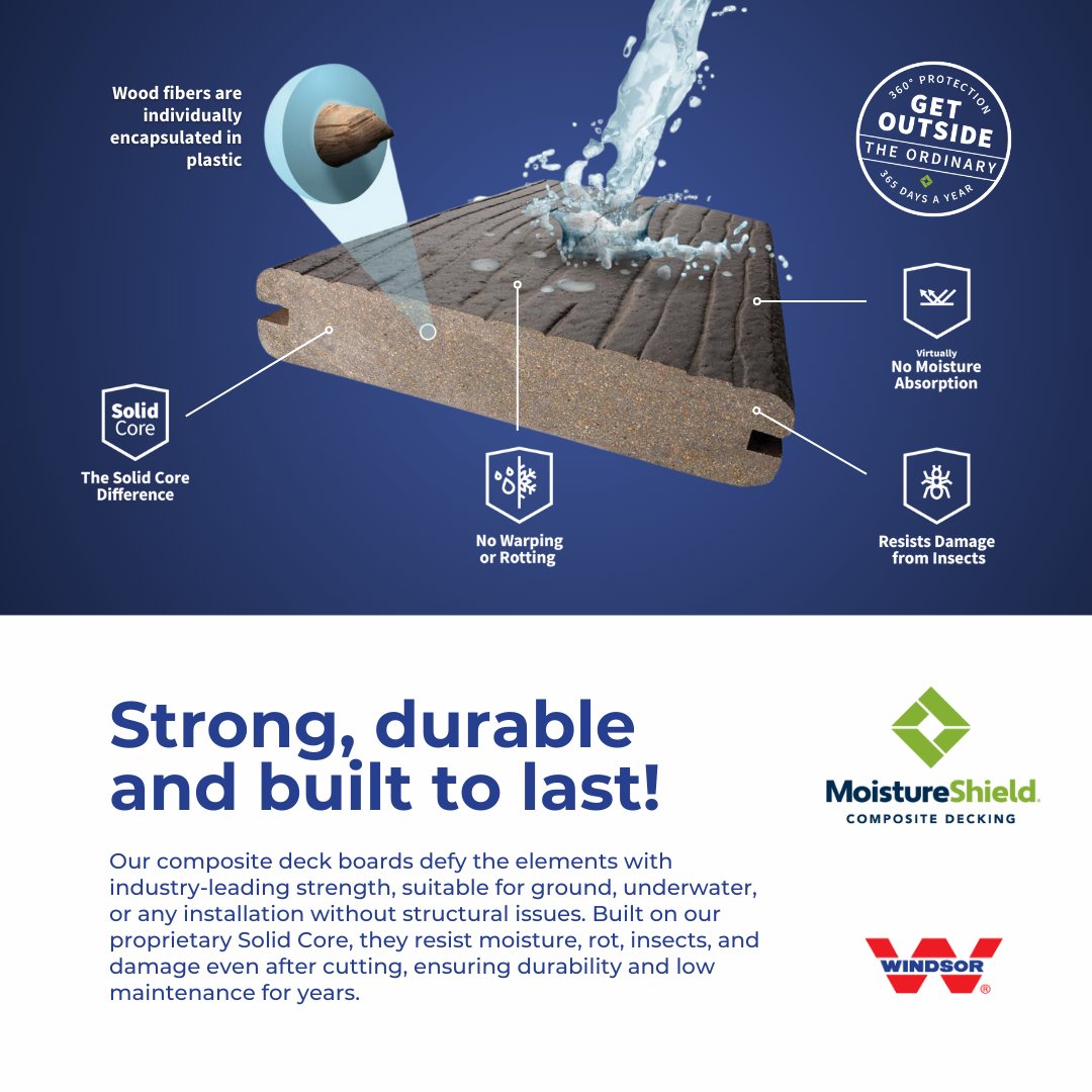 WindsorPlywood_'s tweet image. Why choose MoistureShield composite wood decking? It's all about lasting beauty and unmatched performance! 💪 Resistant to moisture, fading, and wear.🏡✨ #CompositeDecking #OutdoorLiving #MoistureShield #WindsorPlywood #AskTheExperts #TheExpertsYouNeedToKnow