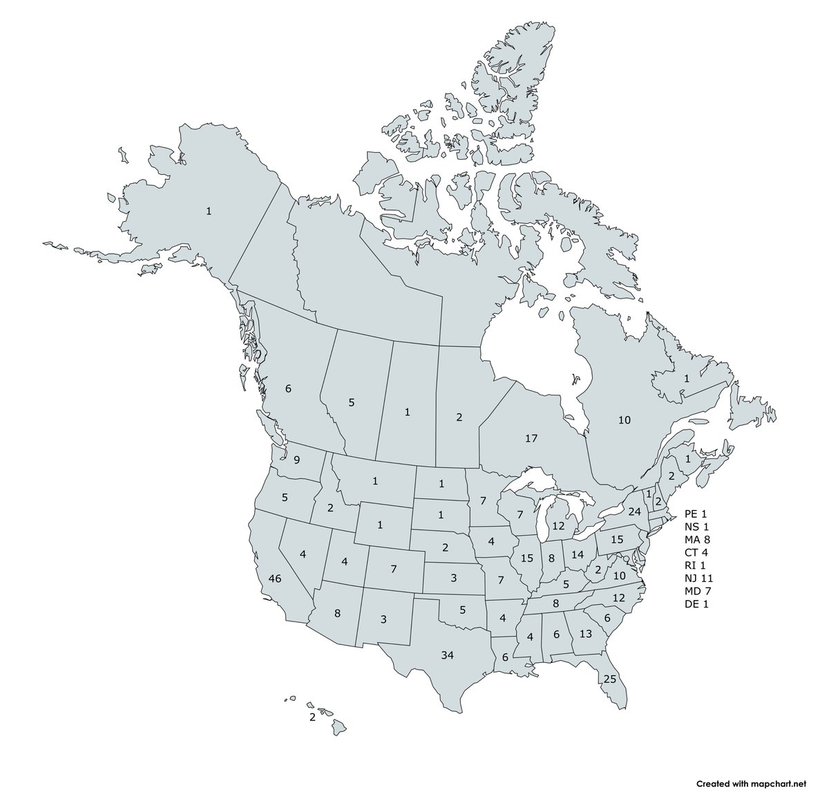WI_Forward's tweet image. Assuming no changes to the number of seats, this is how many representatives each state/province would get if the US annexed Canada.