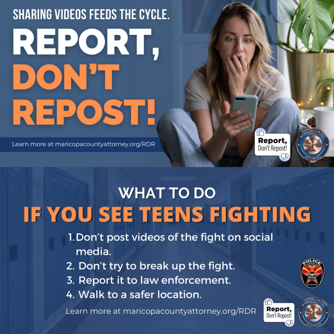 Chandler Police (@chandlerpolice) on Twitter photo Chandler PD stands with the Maricopa County Attorney's office in an effort to curb teen violence. Remind your children that violence is not entertainment. If you come across a video, please report it to your local law enforcement. #ReportDontRepost @mcaoaz <a href="/cityofchandler/">City of Chandler, AZ</a> Chandler PD stands with the Maricopa County Attorney's office in an effort to curb teen violence. Remind your children that violence is not entertainment. If you come across a video, please report it to your local law enforcement. #ReportDontRepost @mcaoaz <a href="/cityofchandler/">City of Chandler, AZ</a>