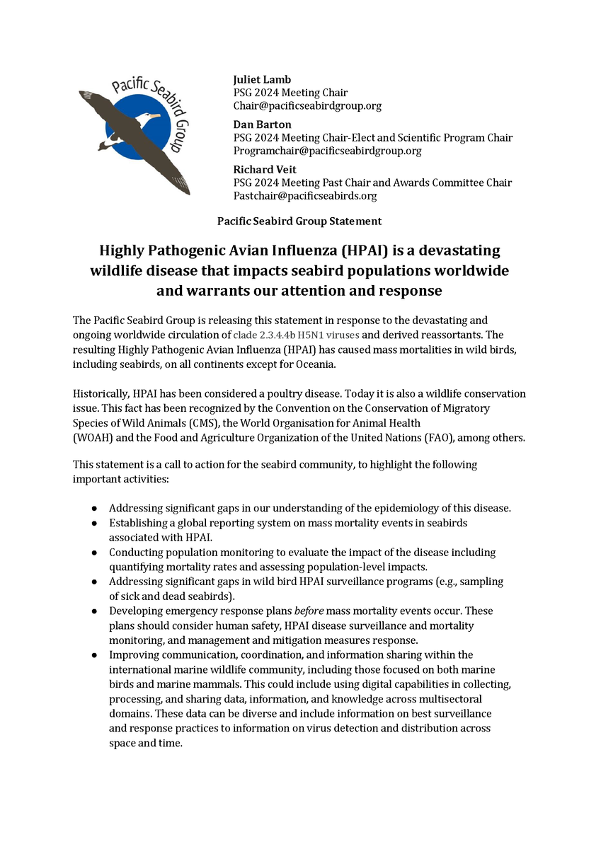 Seabirders's tweet photo. @PacificSeabirds has released a statement in response to the devastating and ongoing worldwide circulation of highly pathogenic avian influenza A (H5N1). The statement is a call to action for the seabird community. https://t.co/sBBXZkgZaH https://t.co/x82mbB4aX8