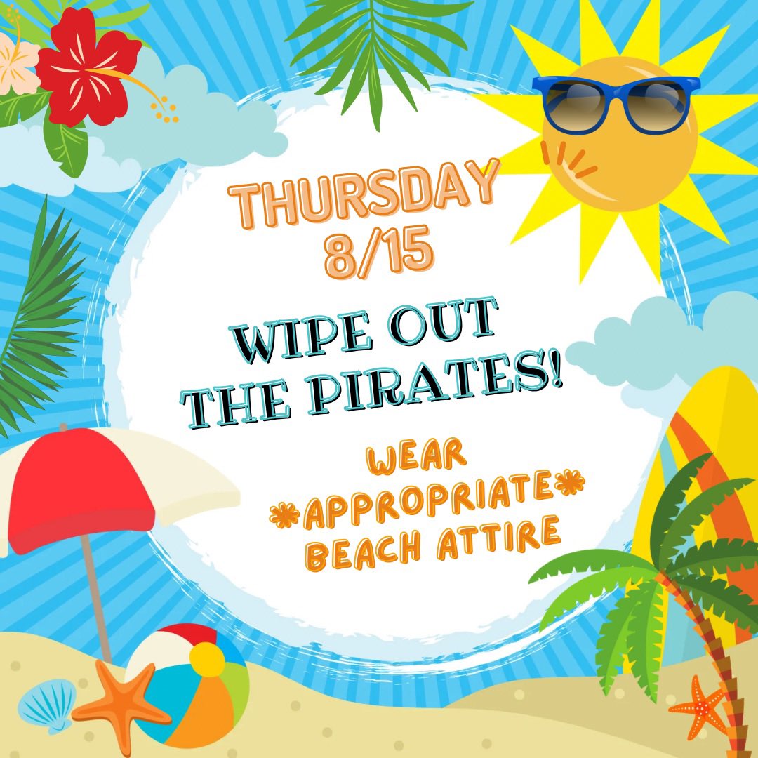Hebron9_StuCo's tweet photo. Help us 🌊WIPE OUT🌊 
THE 🏴‍☠️PIRATES🏴‍☠️ 
tomorrow and wear beach attire! Hawaiian shirts, sunglasses, leis, beach hats, sunscreen…let’s see it!! https://t.co/j7X6BUvkHg