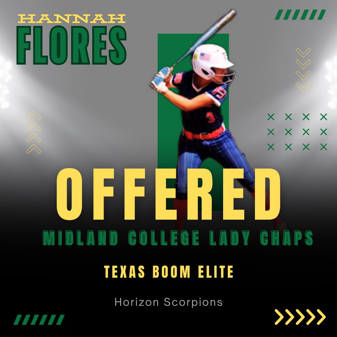 Hannah Flores (@hannahflores_3) on Twitter photo Excited to announce my official offer to continue my academic and softball career at Midland College!! Thank you Coach Castro for this amazing opportunity!! Go Chaps 💚💛
<a href="/Stro12Angelica/">Coach Angelica Castro</a> <a href="/TEXASBOOMELITE/">TEXAS BOOM ELITE (Sepi)</a> <a href="/scorpionsftball/">SCORPION SOFTBALL</a> <a href="/Prep1USA/">PREP1</a> Excited to announce my official offer to continue my academic and softball career at Midland College!! Thank you Coach Castro for this amazing opportunity!! Go Chaps 💚💛
<a href="/Stro12Angelica/">Coach Angelica Castro</a> <a href="/TEXASBOOMELITE/">TEXAS BOOM ELITE (Sepi)</a> <a href="/scorpionsftball/">SCORPION SOFTBALL</a> <a href="/Prep1USA/">PREP1</a>