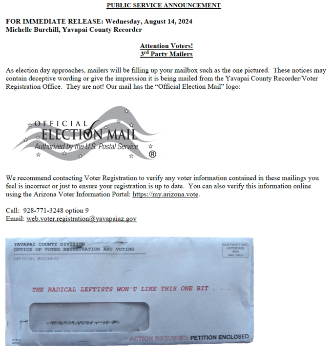JenAFifield's tweet photo. This is a really good reminder. ANY official notice about your voter registration status will come with a big swirly "official election mail" logo on it, like below.

The envelope below, even though it has a stamp that says "Yavapai County," is NOT from the county. https://t.co/LGpItARSNZ