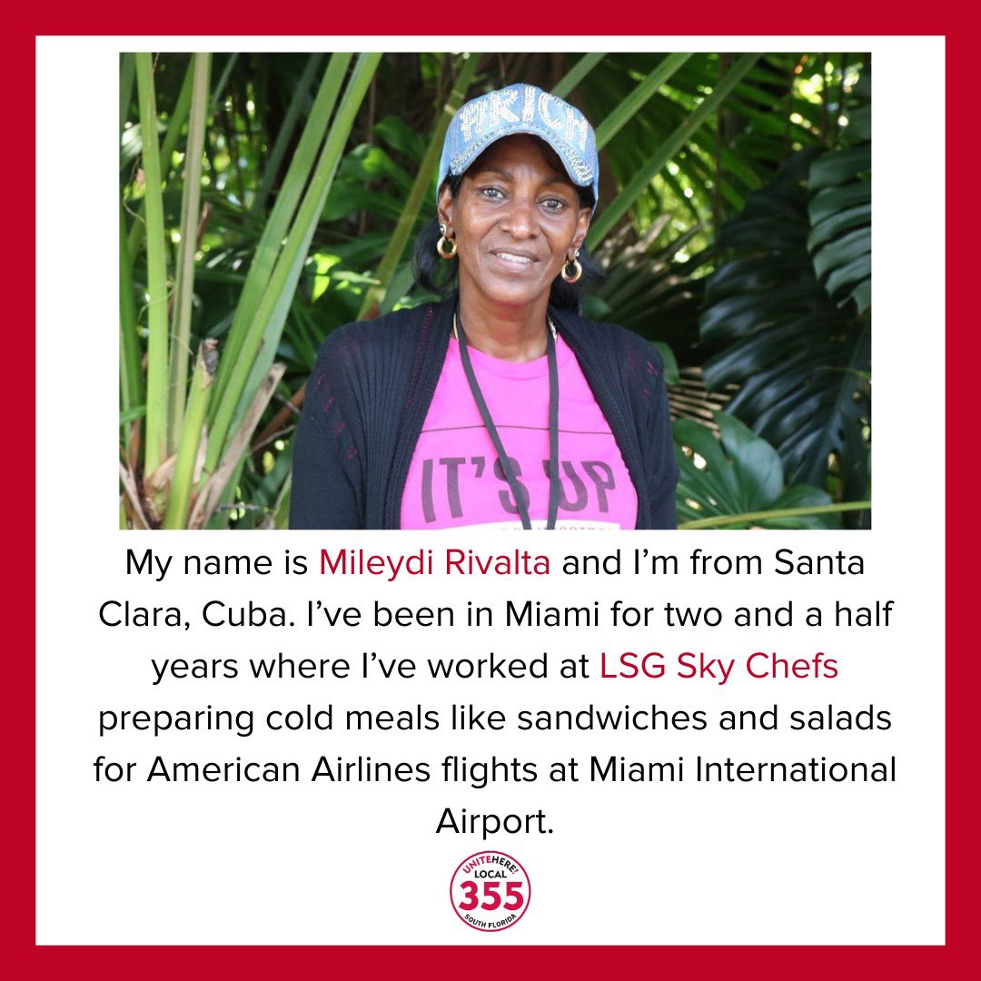 UNITEHERE_SoFla's tweet image. Meet Mileydi, an airline catering worker at Sky Chefs. ✈️ She works in freezing conditions for just $15.75/hr. Mileydi is canvassing to re-elect @MayorDaniella and @RaquelRegalado, who’ll fight for livable wages at the airport. 🗳💪
