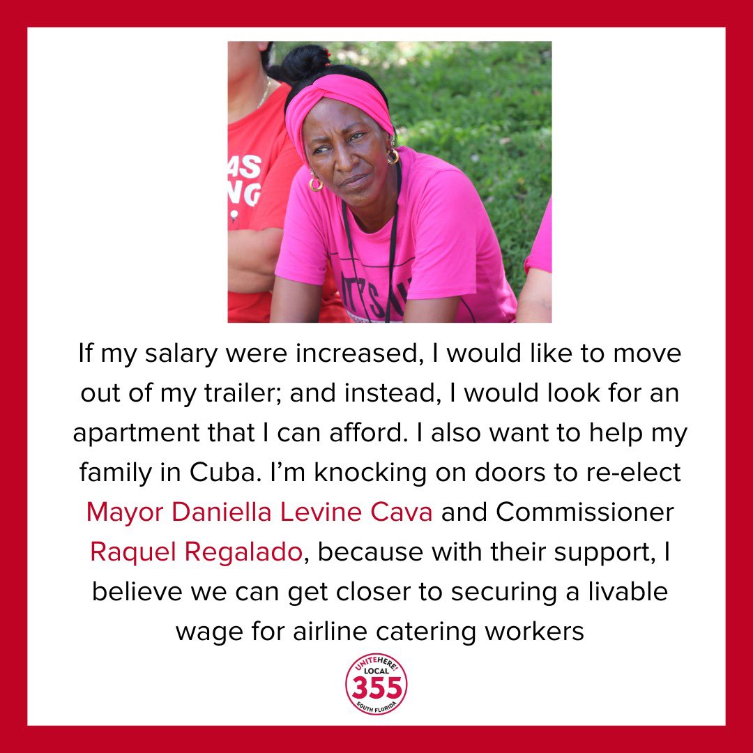UNITEHERE_SoFla's tweet image. Meet Mileydi, an airline catering worker at Sky Chefs. ✈️ She works in freezing conditions for just $15.75/hr. Mileydi is canvassing to re-elect @MayorDaniella and @RaquelRegalado, who’ll fight for livable wages at the airport. 🗳💪