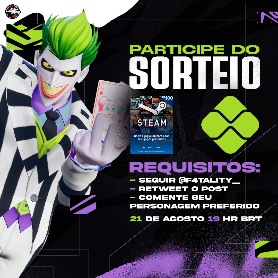 Sorteio pra comemorar o lançamento do Beetlejuice. 💚

Sorteio de 01 gift card da steam (100R$) ou pix do valor referente.

Para participar:
- Seguir @F4TALITY_
- Retweetar o post
- Comentar seu personagem favorito

Resultado 21 de agosto às 19h.