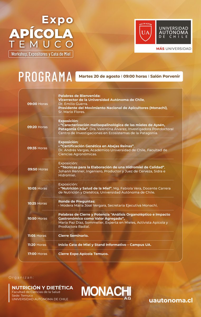 ¡Tenemos el agrado de presentar el programa de la ExpoApícola Temuco 2024! 🌼🐝🍯Únete a nosotros para descubrir lo mejor del mundo apícola, desde conferencias y talleres hasta exposiciones y productos locales. <a href="/SNA_Chile/">SNA</a>