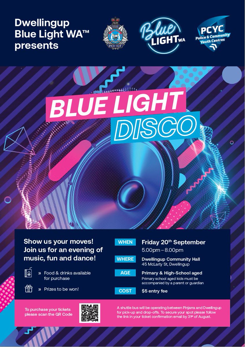 To celebrate the end 3rd term <a href="/DwellingupPol/">Dwellingup Police</a> , <a href="/PinjarraPol/">Pinjarra Police</a> &amp; <a href="/wapcyc/">WA PCYC</a> are hosting the 1st Dwellingup Blue Light Disco for the year. 

There will be a free shuttle bus to &amp; from Pinjarra (Pls scan the QR to book a ticket b4 the 31 Aug) #fb