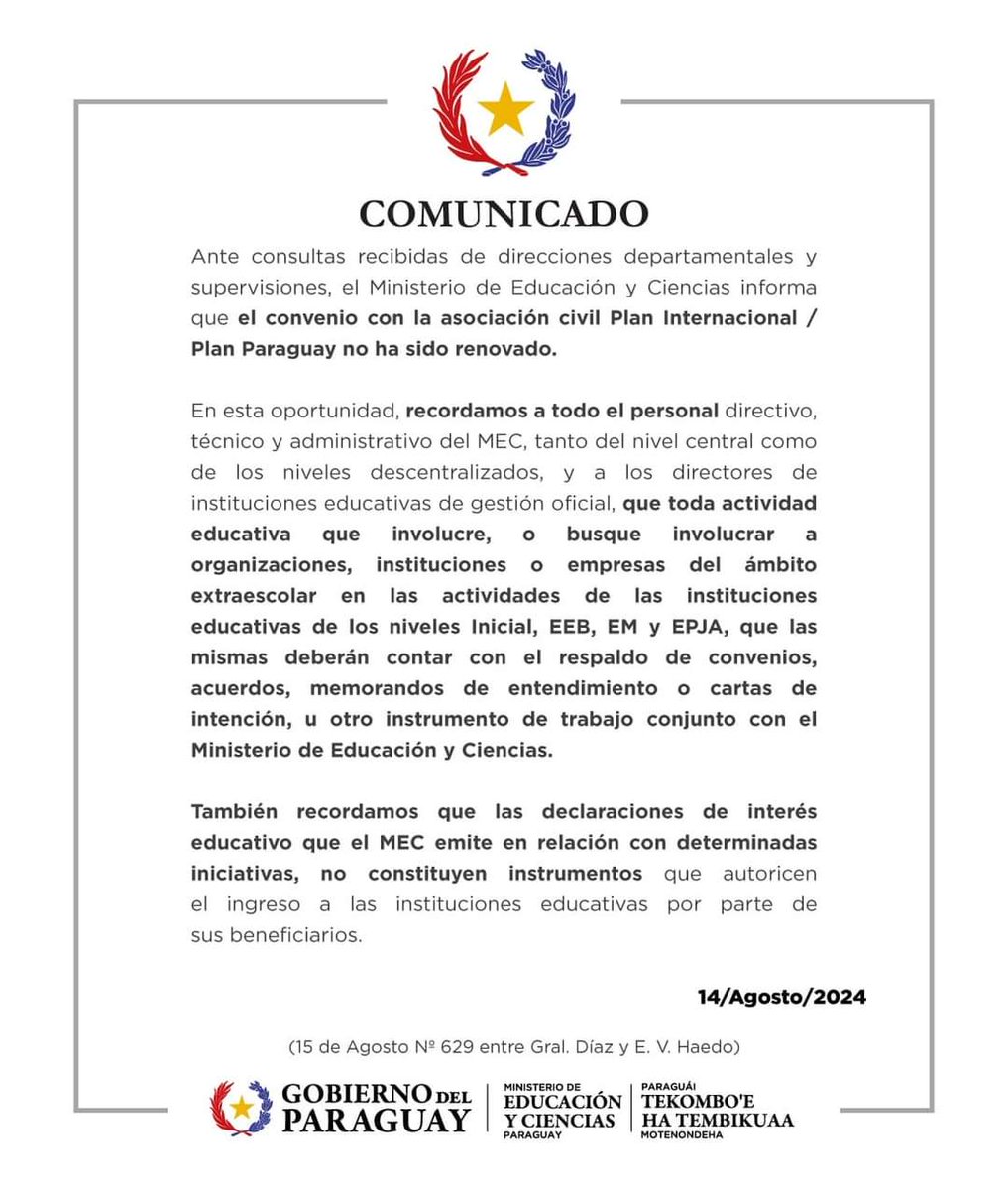 🚨 ¡Atención! 🚨

El Gobierno Nacional 🇵🇾 ha anunciado que el Plan Internacional / Plan Paraguay no ha sido renovado. 

El país reafirma su compromiso de no colaborar con organizaciones que promuevan la Ideología de Género. #ParaguayFirme #GobiernoNacional