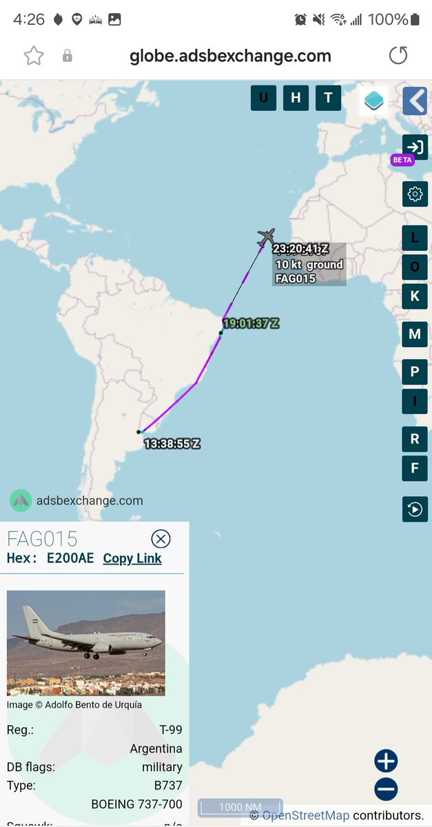 Borrowed7Time's tweet photo. Argentine AF B737-76N reg T-99 #E200AE as FAGO15 out of Buenos Aires has landed at Espargos, Cape Verde Islands. Aircraft e/r to Cyprus as part of the @UN_CYPRUS peacekeeping force.
@SA_Defensa @LatAmMilMVMTs @sipjack1776 https://t.co/ffxot9fFqC