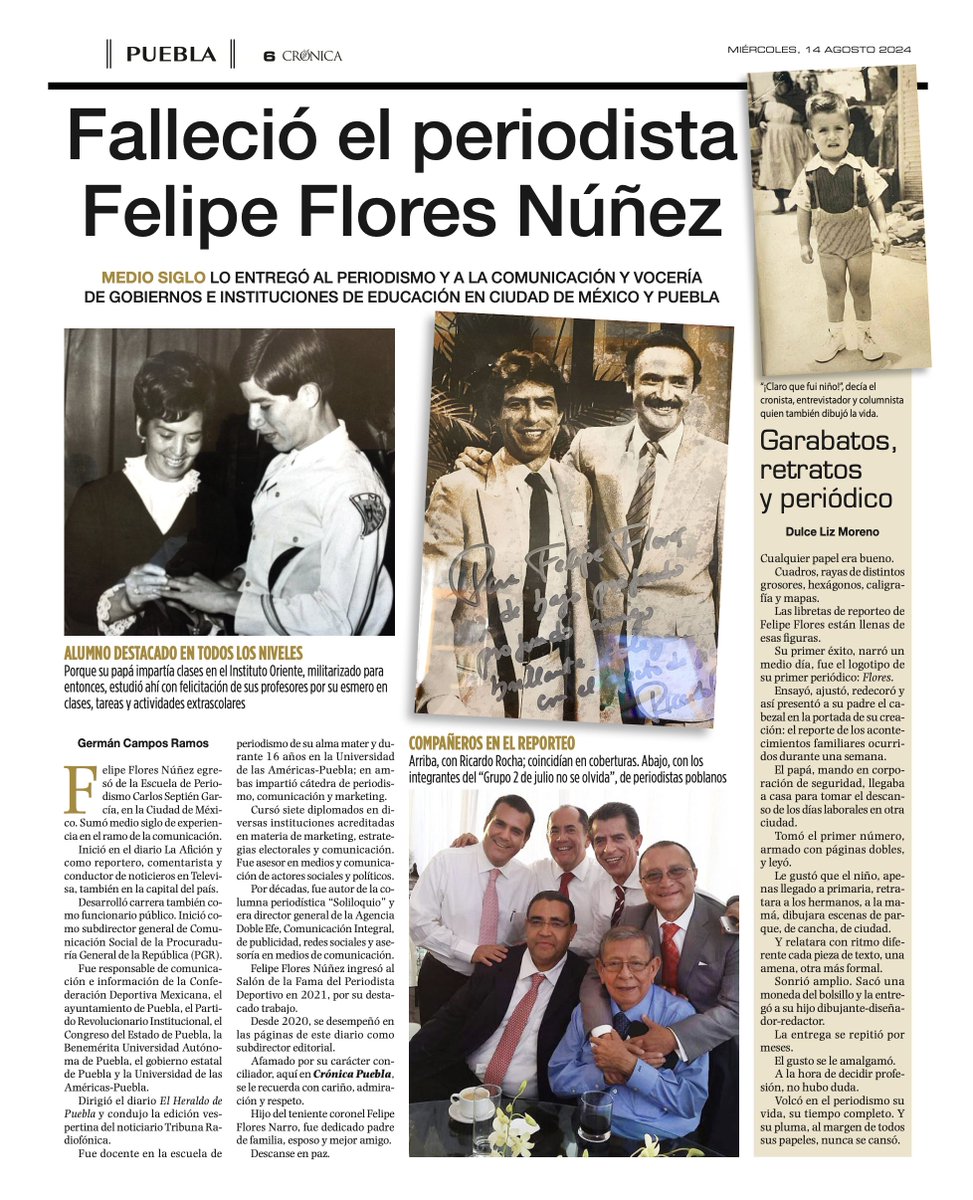 dulcelizm's tweet photo. Proclamamos la vida de Felipe Flores Núñez.
Quienes trabajamos con él en @CronicaPuebla_, nos sabemos afortunados.
Le dedicamos la edición de hoy. Aquí les dejo estas páginas.
Un abrazo, amig@s, colegas y gente que tuvo el gusto de conocer a tan apreciable y querido periodista. https://t.co/zFGF1yr4A8