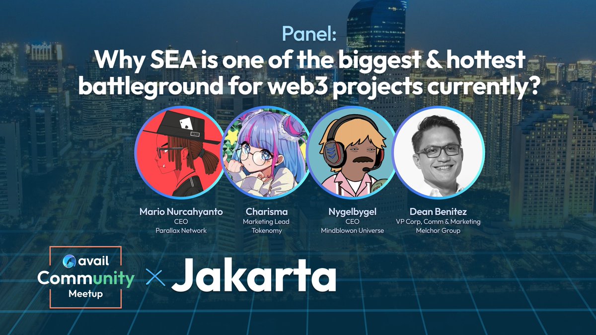 AvailProject's tweet photo. Take some time to hear about why SEA is one of the biggest & hottest battlegrounds for web3 projects currently

A panel featuring @twistedvacancy from @parallaxnet, @charisma_nft from @tokenomy, @nygelbygel from @Mindblowon_io, and @deanbenitez from Melchor Group.

🕰️ - ​7:10 pm to 7:40 pm