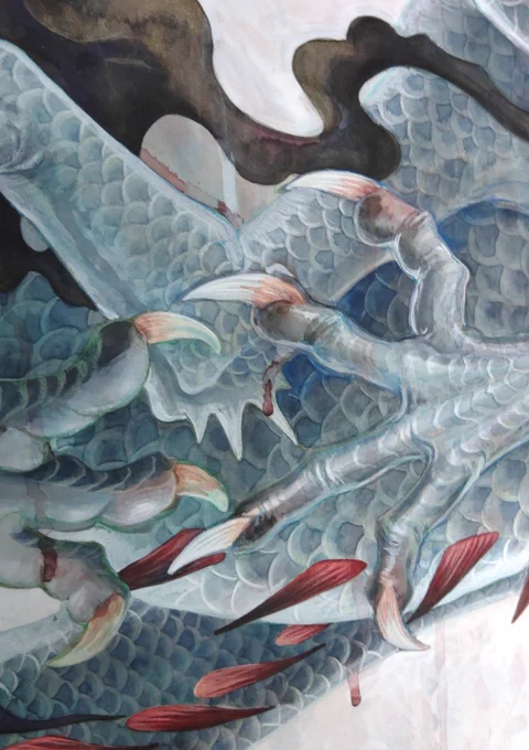 「荒神」たくさん見て頂きありがとうございます。9月11～17日、京都で行う #幻獣展6 に出品。告知画像の青黒い龍「礼讃」も出します。ぜひ原画を見に来てください会場は、京つけもの西利祇園店4F ぎゃらりぃ西利さんです。 