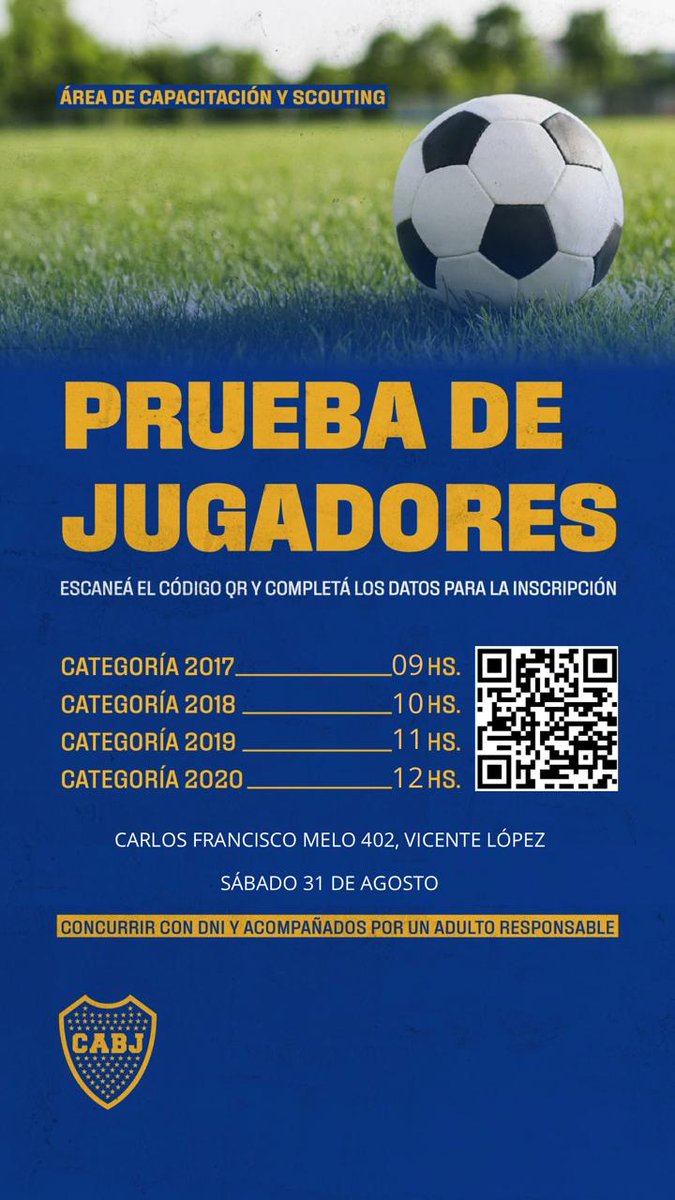 FilialVteLopez's tweet photo. Compartilo con tus familiares, amigos o conocidos. No está para perder esta gran oportunidad 💙💛💙

Prueba de jugadores para nuestro querido Club, las categorías las tenés detalladas abajo 👇

#DaleBocaaaa https://t.co/aNM0OaHeok