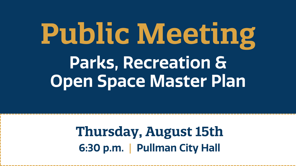 City_of_Pullman's tweet photo. 📢 Get involved! Parks &amp; Recreation is seeking input from the public for the upcoming Parks, Recreation &amp; Open Space (PROS) Plan!

Thurs, 08/15  | 6:30 p.m.  | City Hall

For more info, visit:
https://t.co/rJllr68xO5

#pullmanwashington #pullmanwa #pullmanparksandrec https://t.co/Ct6dgMlhmW
