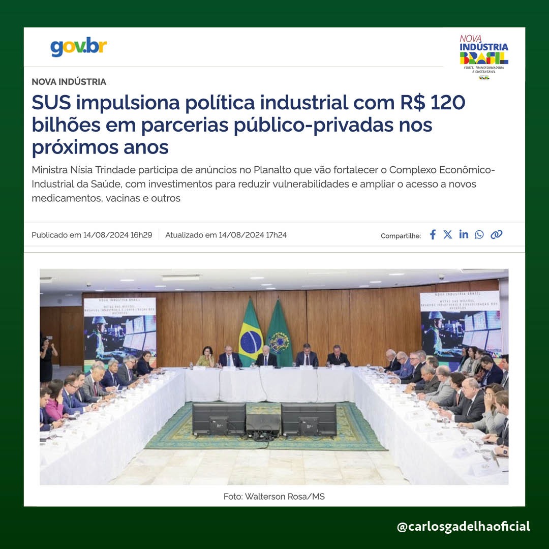 Hoje (14/8/24) no Palácio do Planalto foi anunciado incremento às ações para concretização da Missão 2 da Nova Política Industrial, a Nova Indústria Brasil (NIB), o Complexo Econômico-Industrial da Saúde Resiliente e Sustentável.(1/3)