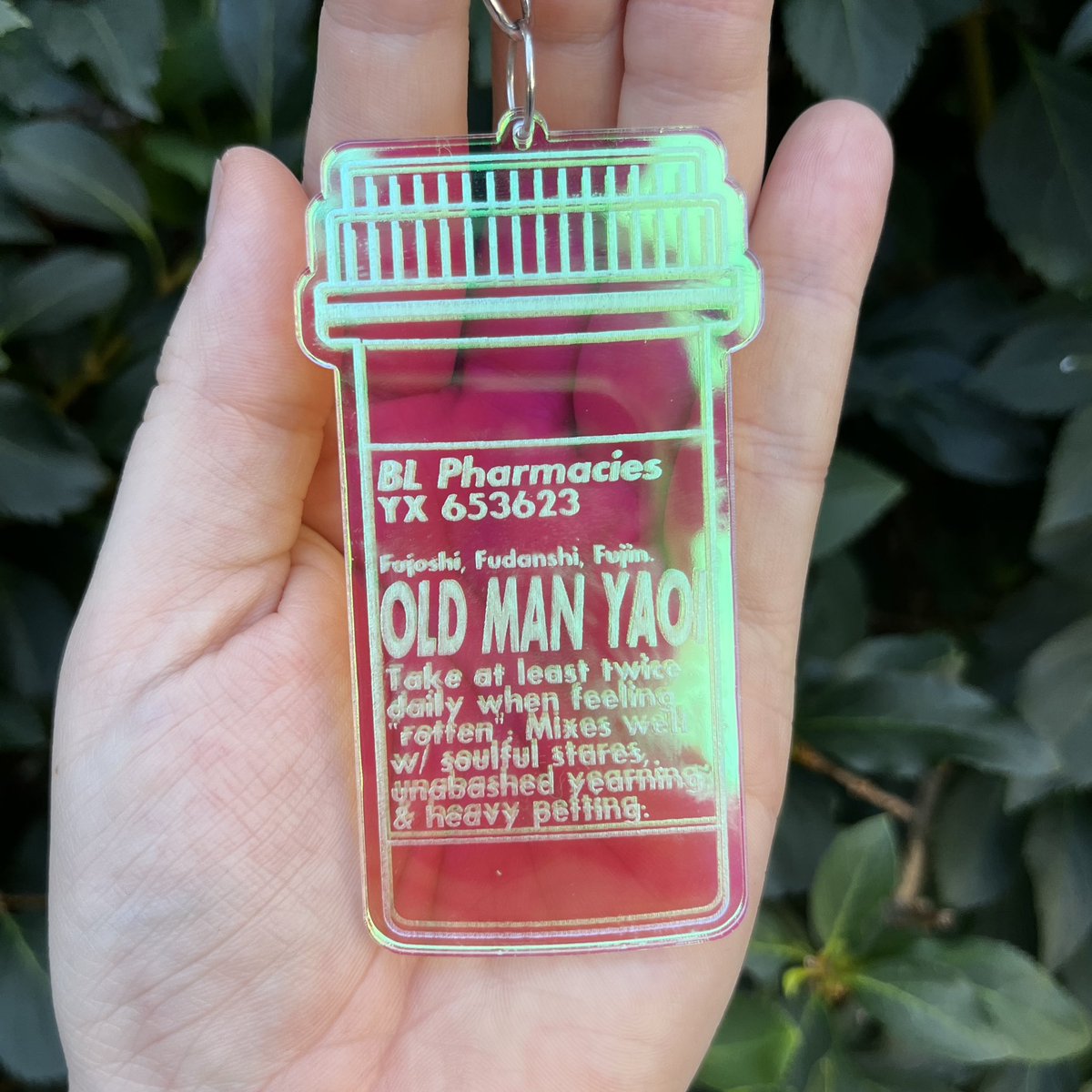 negaverse_queer's tweet image. 📞 It’s the BL Pharmacy calling, your prescription is ready! 📞 Get OLD MAN YAOI (taken at least twice daily when feeling “rotten”) keychains (extremely limited supply) this weekend at #flamecon at table I89!!!!!! 💖