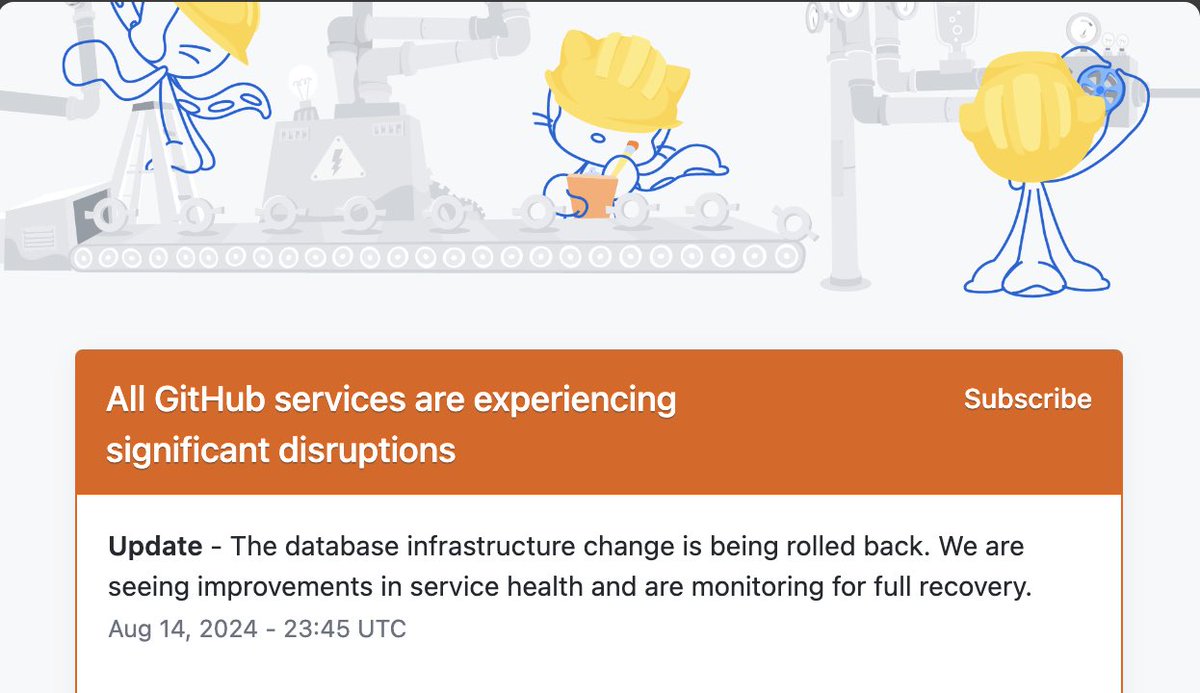AirdropGamingX's tweet image. “Update - The database infrastructure change is being rolled back. We are seeing improvements in service health and are monitoring for full recovery.
Aug 14, 2024 - 23:45 UTC”

#GitHubDown #GitHubUpdate @github