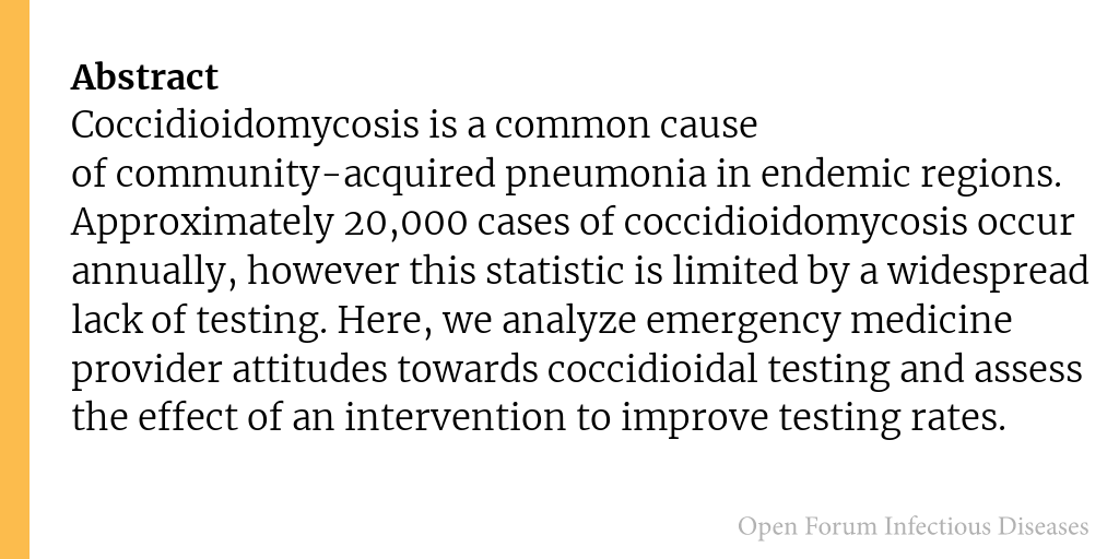 Improving Coccidioidomycosis testing for emergency department patients with suspect community-acquired pneumonia: Analysis of provider attitudes and the effect of a targeted intervention

✅ Just Accepted
🔗 bit.ly/4doppwQ