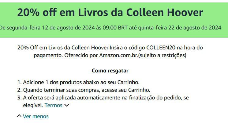 🚨CUPOM AMAZON

20% OFF em Livros da Colleen Hoover!
🧚‍♀️amzn.to/3yCqz8U

CUPOM ⚡ COLLEEN20

VEM PRO CANAL: t.me/ofertasafilive…