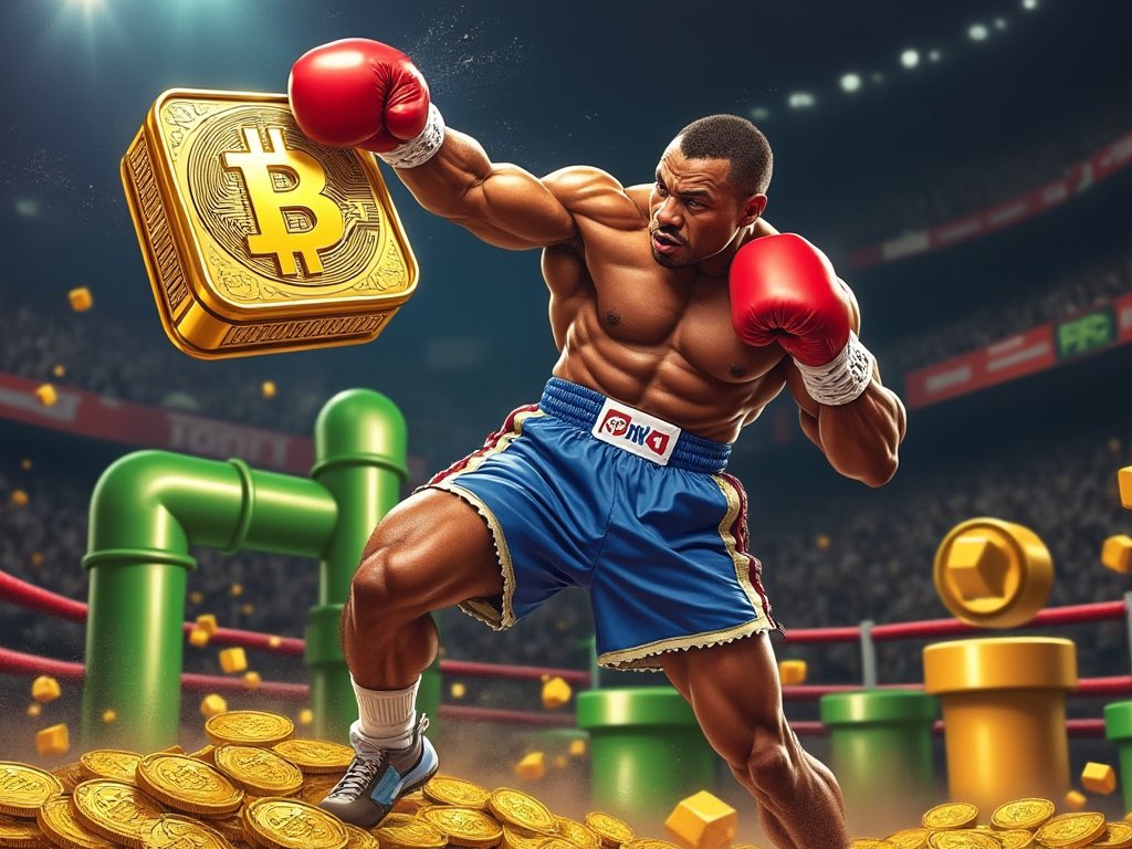btcoverflow's tweet image. Grok, make a picture of Mike Tyson smash buying #bitcoin by hitting a Mario Bros. style coin block.