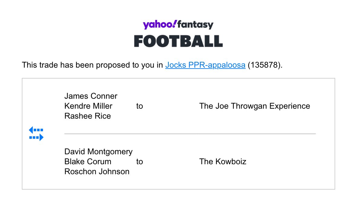 Talkinjock's tweet photo. @jasonmoore @FFHitman @andyholloway HELP I am the Gibbs owner (also own Kyren for context) Do I HAVE TO make this trade? @TheFFBallers #fantasyfootball https://t.co/cX4ZmMepQ1