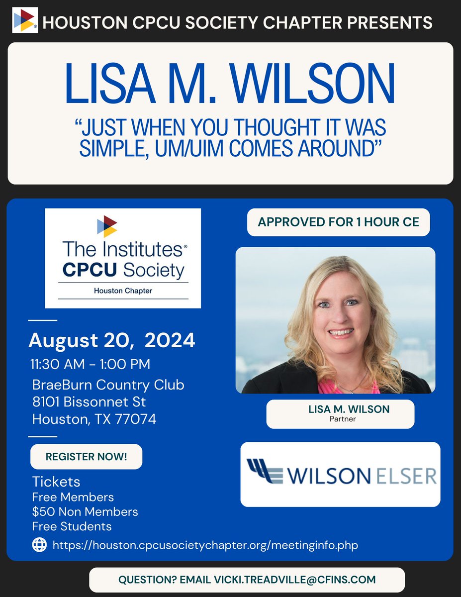 We are back from Summer Break. Register now for CE credit ! 
houston.cpcusocietychapter.org/meetinginfo.ph…
#HoustonCPCU #Insurance #RiskManagement 
#CPCUSociety #Networking