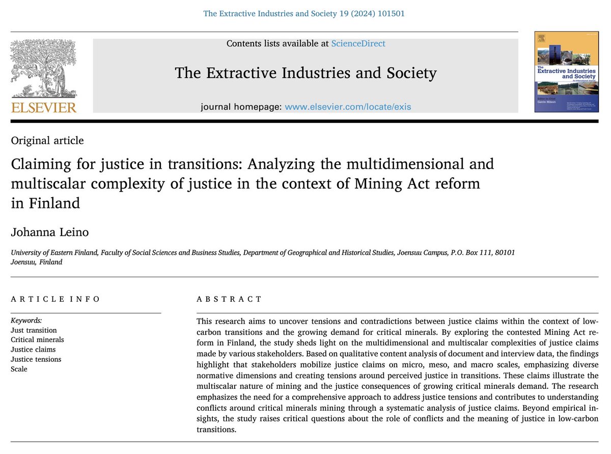 The 7th article (OA) from our special issue is now live! Johanna explores the tensions and conflicts surrounding critical minerals through the lens of justice claims by various stakeholders in Finland. doi.org/10.1016/j.exis…

#EXIS #JustTransition #CriticalMinerals <a href="/browndee17/">David Brown</a>