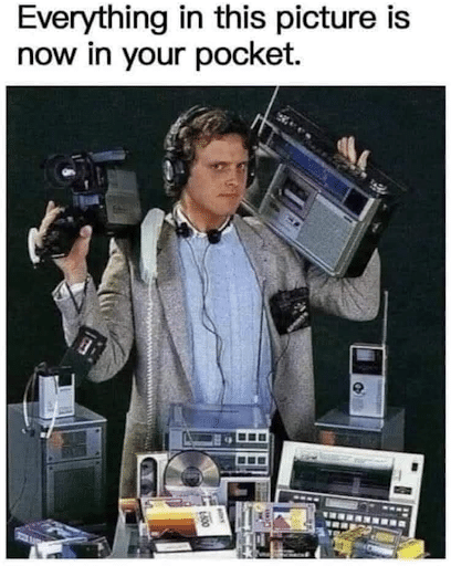 kimkomando's tweet image. Everything in this picture is now in your pocket. 🤯📱 Technology has come a long way! #TechEvolution #Throwback #ModernConvenience