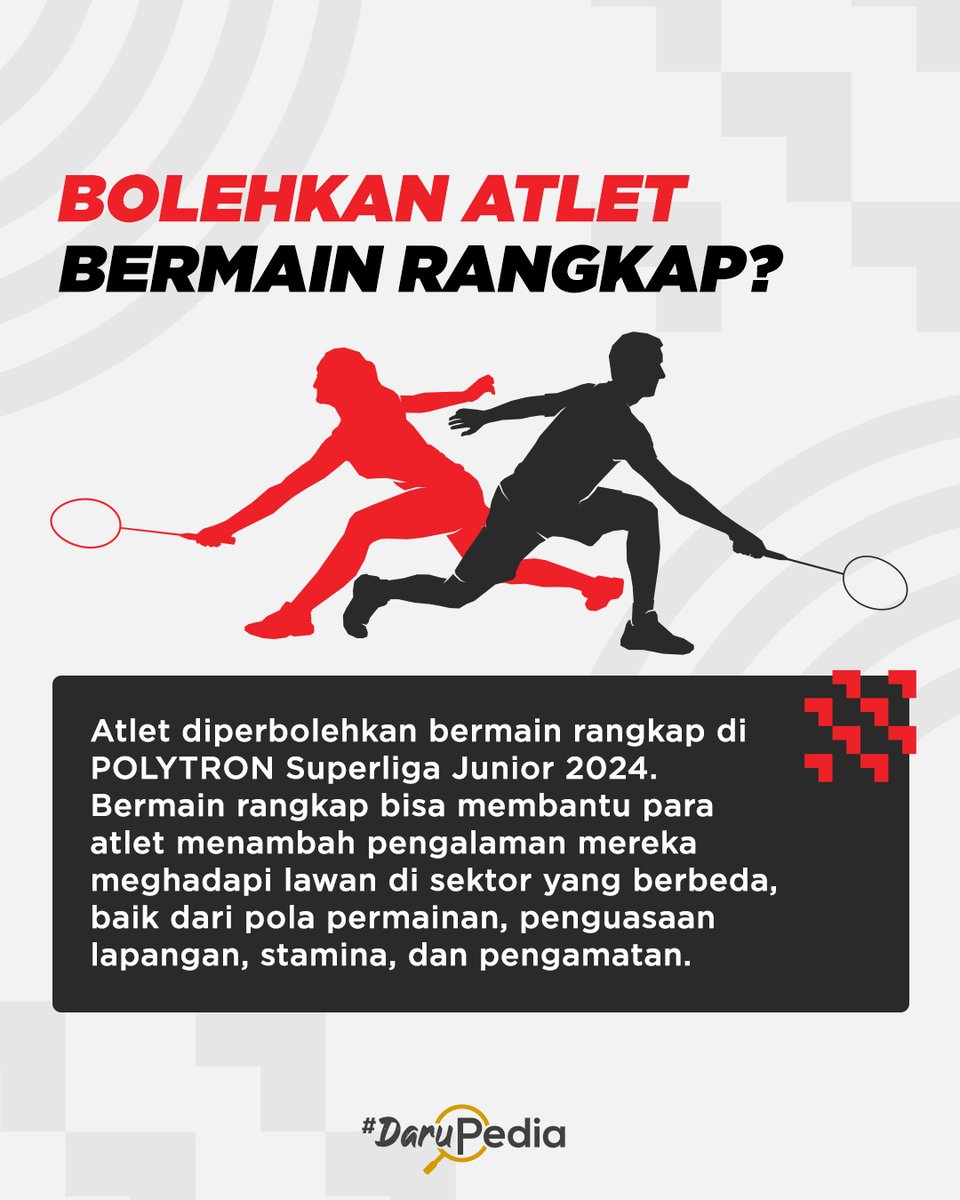PBDjarum's tweet photo. Buat Sobat yang belum tahu turnamen Superliga Junior itu apa dan seperti apa, simak #DaruPedia kali ini, yuk!​

Kejuaraan ini diselenggarakan oleh Bakti Olahraga Djarum Foundation dan POLYTRON, supaya kakak-kakak atlet bisa terbiasa bertanding bersama tim. 👍​

#SuperligaJunior2024