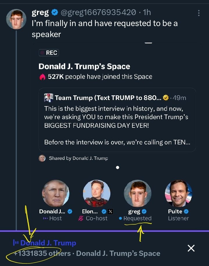Waiting for <a href="/greg16676935420/">greg</a> to speak 🤔.... 1.3M listener 

#TrumpOnX #Trump2024 #trump