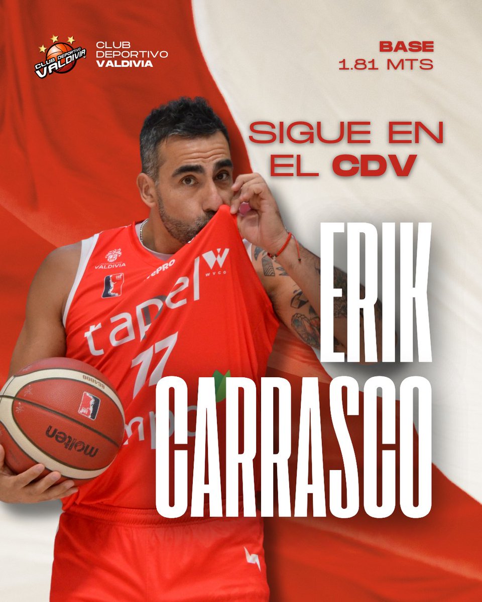 CDVBasket's tweet photo. ¡𝐂𝐎𝐍𝐓𝐈𝐍𝐔́𝐀 𝐄𝐍 𝐄𝐋 𝐂𝐃𝐕!

Nos emociona anunciar que nuestro base, 𝗘𝗿𝗶𝗸 𝗖𝗮𝗿𝗿𝗮𝘀𝗰𝗼, continuará vistiendo nuestra camiseta.

El exseleccionado nacional seguirá aportando su experiencia y talento a nuestro club.

¡Vamos con todo! 

#ValdiviaEsCDV #SomosUnEquipo https://t.co/76pyIo9GMH