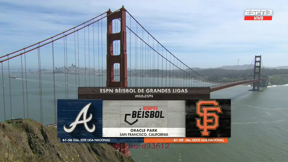 richard93612's tweet photo. Buen #LunesdeGL panas @FerAlvarez/#FerPlay y @OrlandoDuke26, viendo #MLBxESPN de #ESPN para #MLB entre #ATLvsSF. Quiero que gane el local @SFGiants a @Braves. Abrazos desde Floridablanca. Un saludo a mi hermano Diego Mauricio.
#BravesCountry #SFGiants #Baseball #Béisbol https://t.co/6pfm0wUa4V