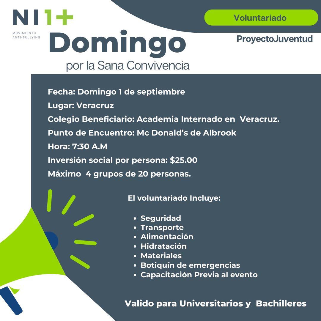 ¡Completa tus horas de Servicio Social con Ni Uno Más! 💚
Ni1+ te da la oportunidad de impactar positivamente en las mejoras de un colegio oficial y devolverle a los estudiantes un entorno escolar digno. 
Para inscribirte, puedes llenar el form en el link forms.gle/n4JAZfftowrysJ…