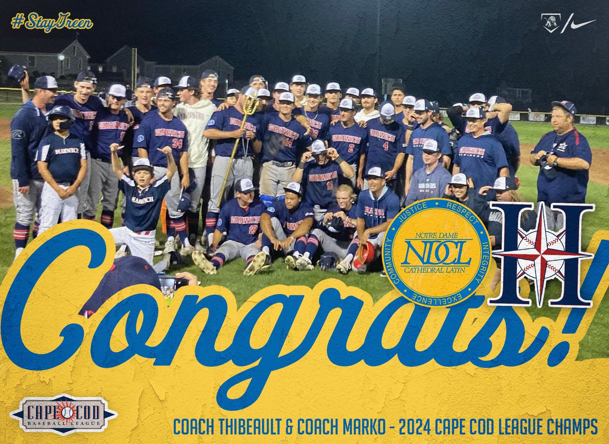 .<a href="/OfficialCCBL/">Cape League</a> CHAMPS‼️🏆

Congratulations to NDCL Head Coach <a href="/MarcThib5/">Marc Thibeault</a>
&amp; Assistant Coach Ed Marko '97 on winning a Cape Cod League title tonight as assistant coaches with the <a href="/HarwichMariners/">Harwich Mariners</a> 💍🦁

#WeAreNDCL | #STAYGREEN🟢