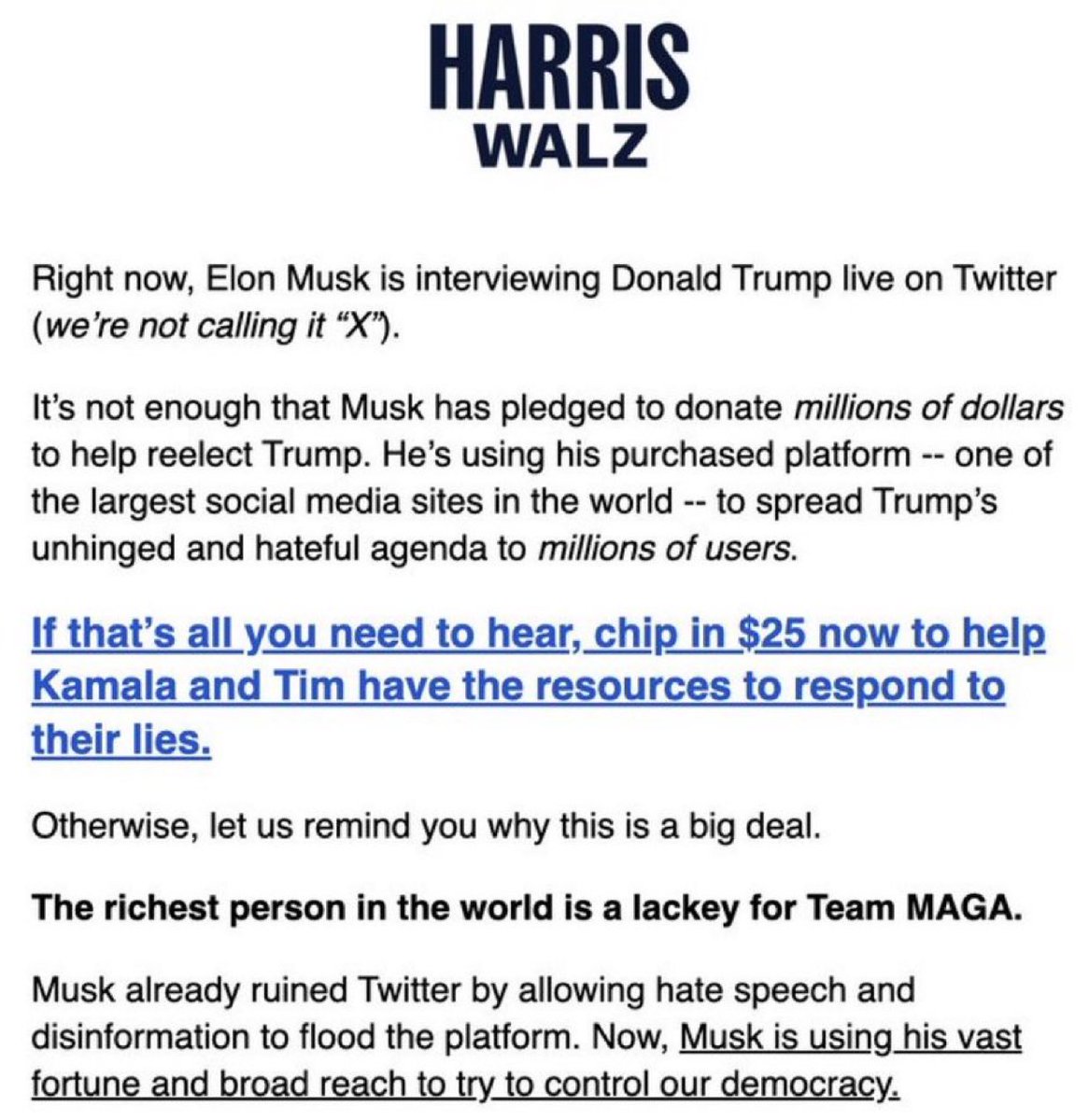 ianmiles's tweet photo. The Harris-Walz campaign is having a complete meltdown over Elon Musk and Trump’s X Space. https://t.co/nN5dIubVbe