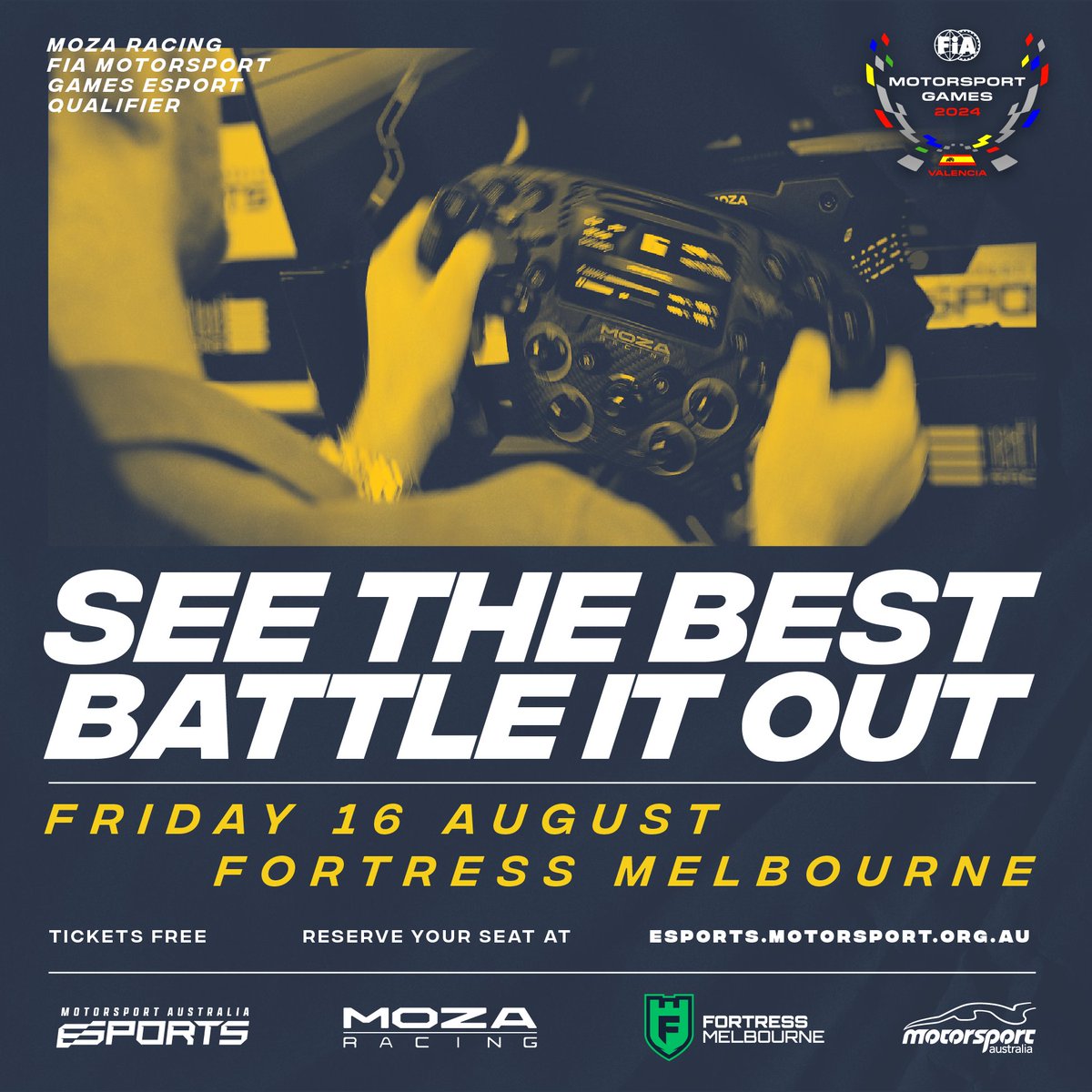Motorsport_AUS's tweet photo. Get yourself amongst the action this Friday 16 August with free tickets to the MOZA Racing FIA Motorsport Games Esports Qualifier, live at @FortressMelb 🎟️

📆 Friday 16 August
🎟️ Free tickets via Eventbrite
🔗 https://t.co/MCX4TmWeNs https://t.co/uxcaCvGRgV