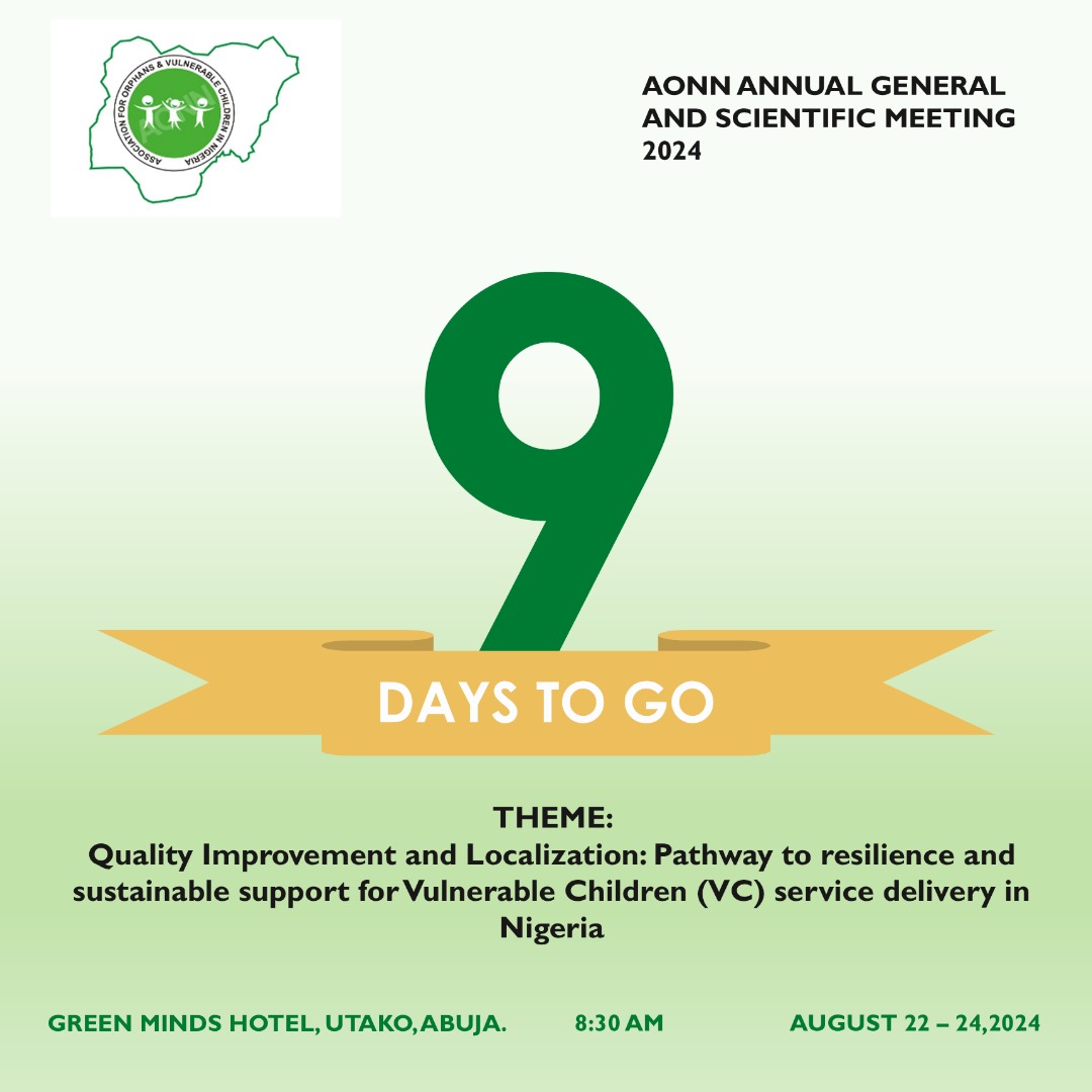 Amazing...
It's 9days to go 
Largest gathering of OVC organizations in Nigeria 2024!

Teaming up to improve Quality of OVC service delivery !
#OVCNigeria 
#AONNAGSM 
<a href="/USAID/">USAID</a> <a href="/SDGaction/">UN SDG Action Campaign</a> <a href="/ARFHng/">ARFH</a> <a href="/PEPFAR/">PEPFAR</a> <a href="/CDCgov/">CDC</a> <a href="/IHVNigeria/">IHV Nigeria</a> <a href="/PactNigeria/">Pact West Africa</a> <a href="/prohealthimpact/">Pro-Health Int'l</a>