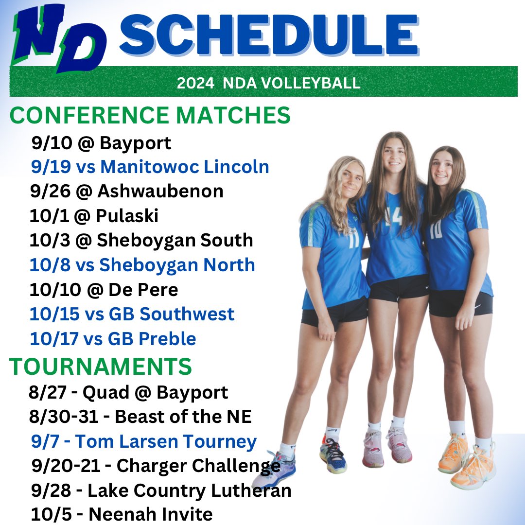 NDA Triton Volleyball (@tritonvb) on Twitter photo Here it is - our 2024 schedule!
Fans: we can’t wait to see you in the stands this season!
<a href="/NDATritonSports/">Notre Dame Academy Athletics - Green Bay, WI</a> Here it is - our 2024 schedule!
Fans: we can’t wait to see you in the stands this season!
<a href="/NDATritonSports/">Notre Dame Academy Athletics - Green Bay, WI</a>