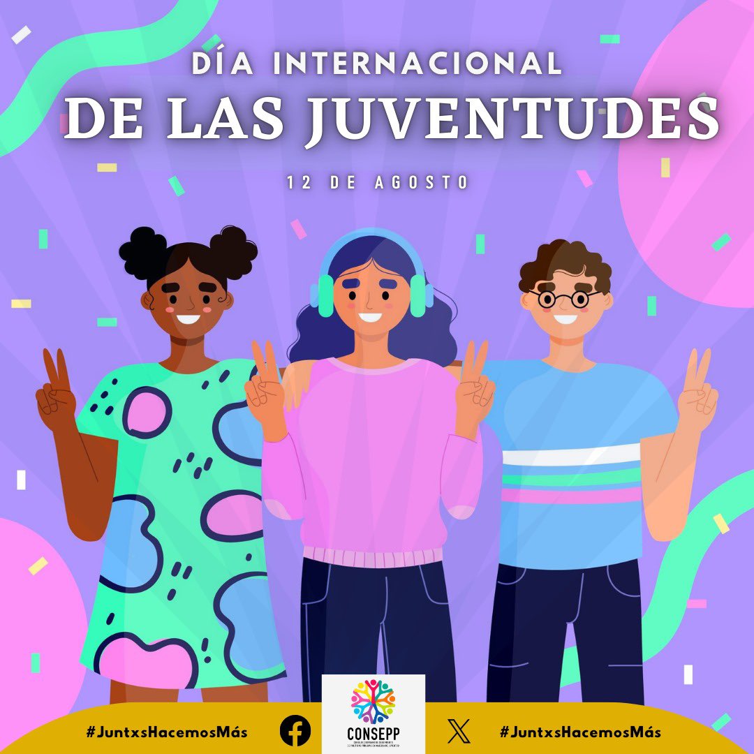 ¡Feliz Día Internacional de las Juventudes! 🌎🙋🏼‍♀🙋🏽‍♂ Unidos como jóvenes, llevamos en nuestras manos el poder de cambiar el mundo. 
Sigamos construyendo un futuro lleno de esperanza, oportunidades y sueños realizados.  ✨