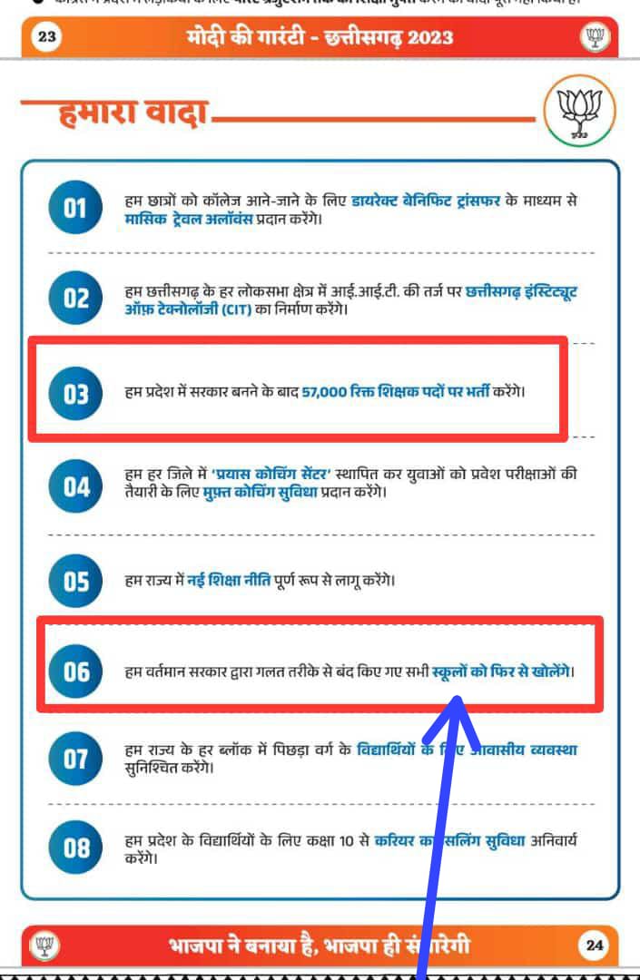 BJP द्वारा 2018 में 3500 स्कूल को बंद किया गया था घोषणा पत्र में बंद स्कूल को खोलने का वादा कर पुनः सत्ता में आने पर 4077 स्कूल को बंद कर 2008 के सेटअप में बदलाव करके 32000 शिक्षक के पद को समाप्त किया जा रहा है यह छ,ग के शिक्षा व्यवस्था को बर्बाद करने  निजीकरण करने की, साजिश है।