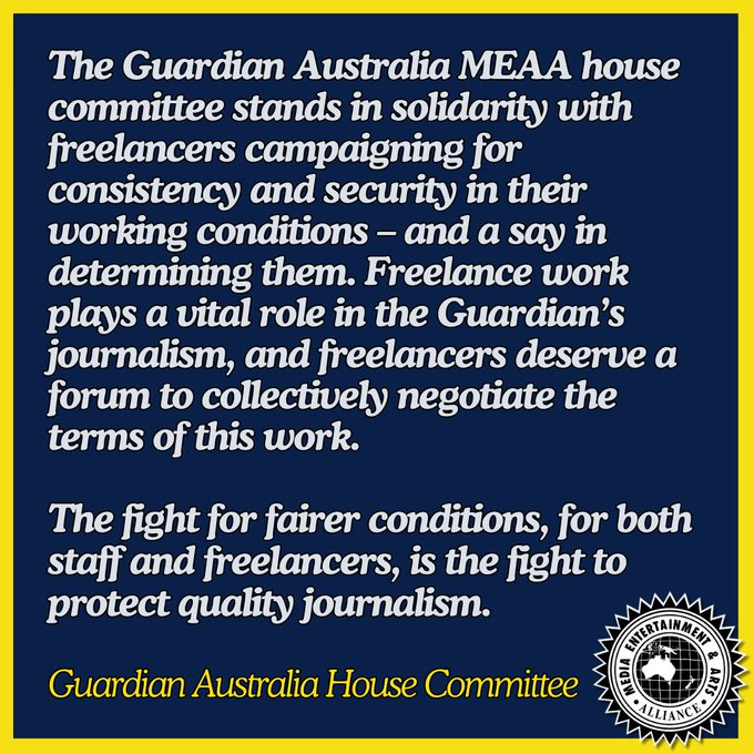 gingerandhoney's tweet photo. Before I got a fulltime job at Guardian Aus, I freelanced. I expect that if I left the company, I'd freelance again. Why is one group of workers allowed to bargain collectively and the other not? GA's @withMEAA house committee stands in solidarity with freelance colleagues today. https://t.co/kbnVClcdAU