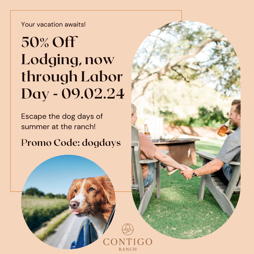 ContigoRanchFBG's tweet photo. Book now and save 50% on lodging. Promo Code: dogdays
Limited offer, valid through 09.02.24. #LaborDaySpecial #TravelDeals https://t.co/wNoOXRAzsy